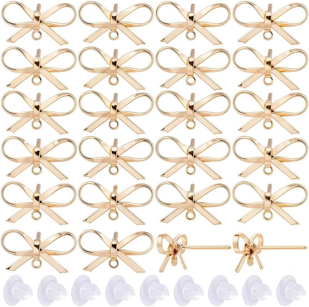SUNNYCLUE 1 Box 50Pcs Real 18K Gold Plated Earring Posts Stud Earring Findings Earring Studs Earring Stud with Hole Bowknot Post Earrings for Jewelry Making Accessories DIY Dangle Earrings Supplies