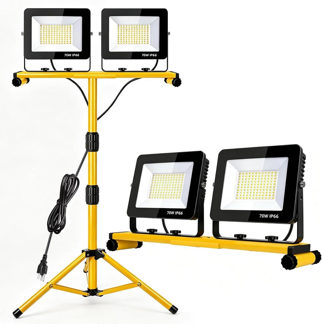 LED Work Lights with Stand, 21000 Lumen, 2-Head Adjustable Work Light, Waterproof Foldable Tripod, 6,500 Kelvin, Extended Cord for Outdoor & Indoor Job Sites, Workshops, Construction, Garage Lighting