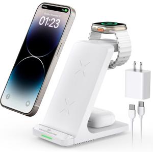 Wireless Charging Station, 3 in 1 Fast Wireless Charger Stand for Multiple Devices Apple Watch Ultra Series 10 9 8 7 6 SE 5 4 3 2, iPhone 16 15 14 13 12 11 Pro Max/Plus/Mini/X/XS/Max/XR/SE, Airpods (White)
