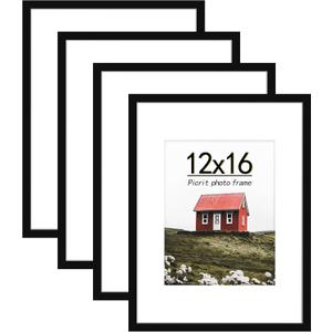 Picrit 12x16 Picture Frame Set of 4, Made of High Definition Real Glass, Display 8.5x11 with Mat or 12x16 without Mat, Photo Frames for Wall Mounting Display, Black