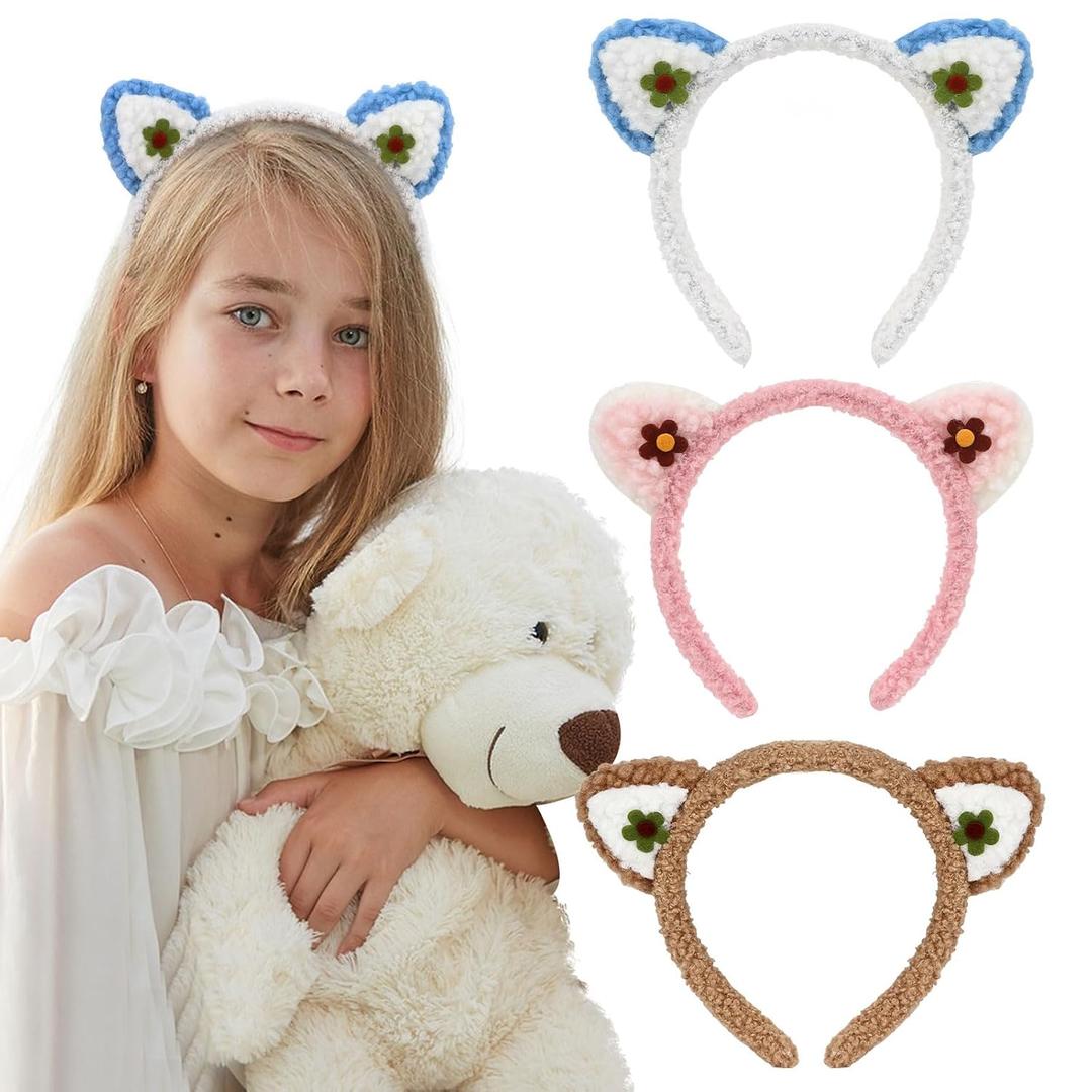 GAFATORY Cat Ears Headband Plush Cat Woman Accessories Cute Ears Headband for Women 3 pack furry head band Festival for Halloween Party Cosplay Yoga Costume Animal Headbands for Washing Face Skincare