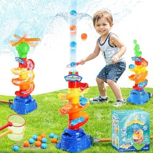 Water Sprinkler for Kids, 3 in 1 Water Toys 360° Rotating Sprinkler & Catch Ball & Rolling Ball Game Summer Backyard Outdoor Water Play Toys Birthday Gift for Girl Boys Age 3 to 8 Years