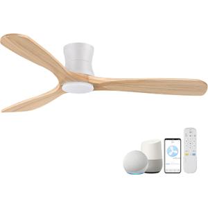 Smart 52 Wood Flush Mount Ceiling Fans with Lights and Remote,Quiet DC Motor,Outdoor Indoor Ultra Low Profile Ceiling Fan works with Alexa WIFI APP,Modern White Ceiling Fan for Bedroom Patio