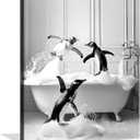 Funny Animals Bathroom Canvas Wall Art Penguin in Bathtub Wall Art Funny Animal Bathroom Painting Black and White Penguin Bathtub Pictures for Bath Restroom Wall Decor Framed 8X10 inch