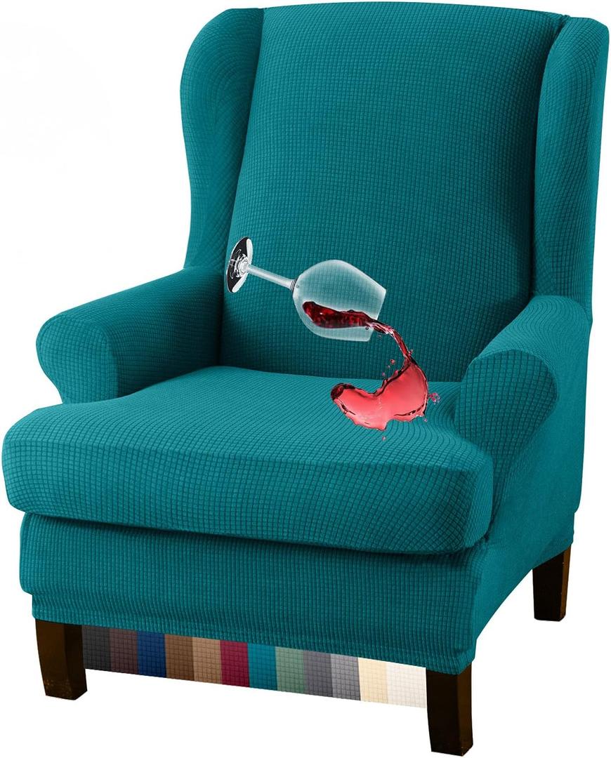 Granbest Premium Water Repellent Wingback Chair Cover 2-Piece High Stretch Jacquard Fabric Wing Back Chair Slipcovers (Wing Chair Cover, Blackish Green)