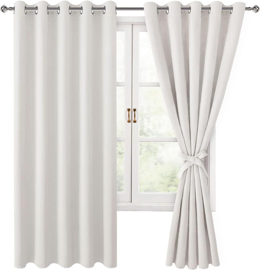 Hiasan Blackout Curtains for Bedroom, 60 x 63 Inches Length - Thermal Insulated & Light Blocking Window Curtains for Living Room/Kids Room, 2 Drape Panels Sewn with Tiebacks, Ivory