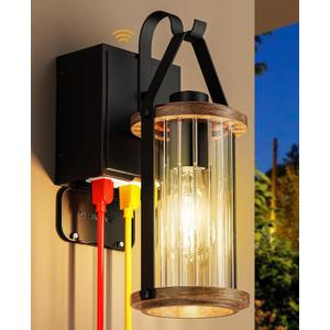 Porch Light with Outlet GFCI Dusk to Dawn Outdoor Lights for House Waterproof Exterior Lighting Fixtures Wood Look Glass Modern Front Porch Garage