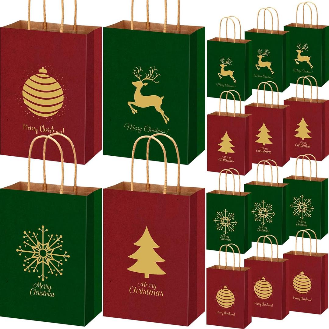 Tenceur 48 Pcs Kraft Christmas Gift Bags with Handle Red and Green Xmas Paper Treat Candy Goodie Bags with Snowflake Elk Xmas Tree Patterns for Christmas Party Supplies Favors Gift Wrapping