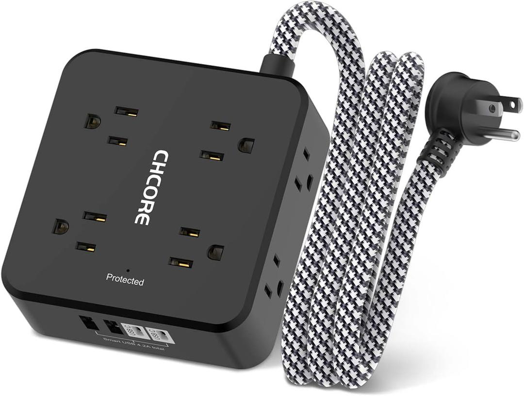 Surge Protector Power Strip - CHCORE 5Ft Braided Extension Cord with 8 Outlets with 4 USB (2 USB C) Charging Ports, Flat Plug Multi Plug Outlet Extender Charging Station for Home Office, ETL, Black