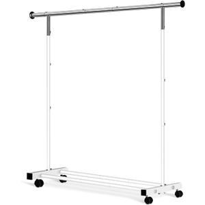 Clothing Rack, 55.51 Inch Heavy Duty Clothes Rack Rolling Garment Rack with Wheels and Bottom Shelf, 130LB Capacity Clothes Racks for Hanging Clothes, Coats, Shirts, Sweaters, Skirts, White (Single)