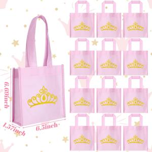 12Pack Princess-Themed Party Favor Bags for Girls, Pink Canvas Gift Bags for Birthday