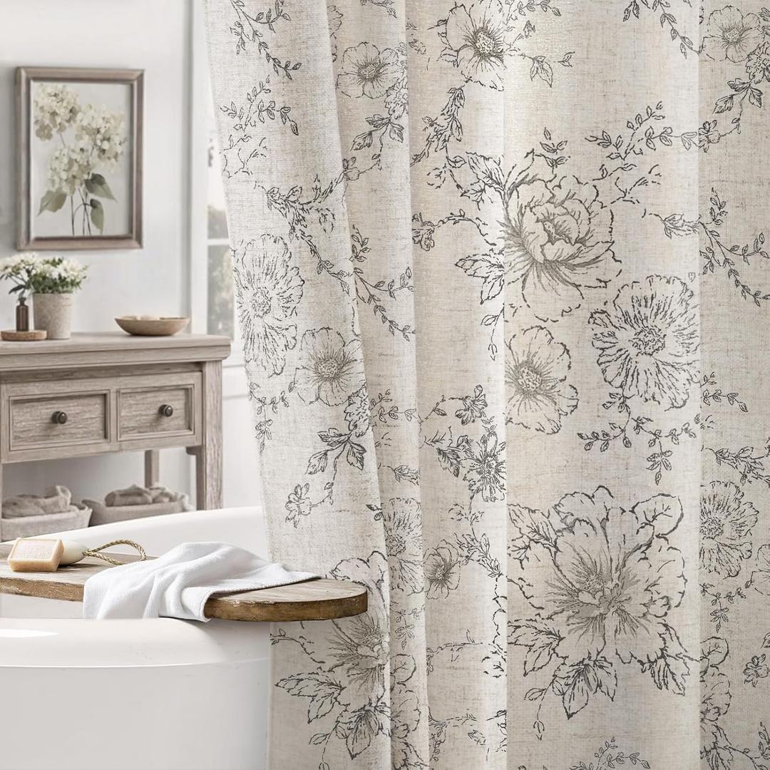 Farmhouse Floral Linen Shower Curtain, Vintage Grey Pattern Rustic Shower Curtains for Bathroom, Tan Taupe,Gray,72x78