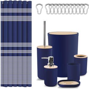 Britimes Bathroom Accessories Sets, Blue Shower Curtain Set with Trash Can, Soap Dispenser, Toilet Brush Holder, Toothbrush Holder and Toothbrush Cup for Bathroom Decor 72"*72"