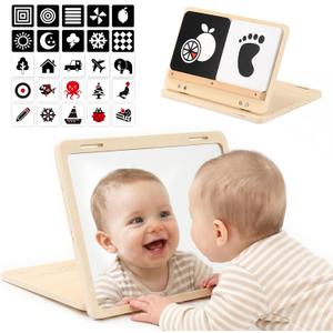 Tummy Time Play Set - Montessori Baby Safe Mirror Toy and Card Display Stand with High Contrast Black and White Cards, Adjustable Angle Large Baby Mirror and Double-Sided Design for 0-6M Newborns