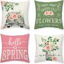 Hello Spring Throw Pillow Covers 18 x 18 Inch Eucalyptus Rose Floral Truck Mason Jar Pillow Case Farmhouse Seasonal Cushion Case Decoration for Sofa Couch Set of 4