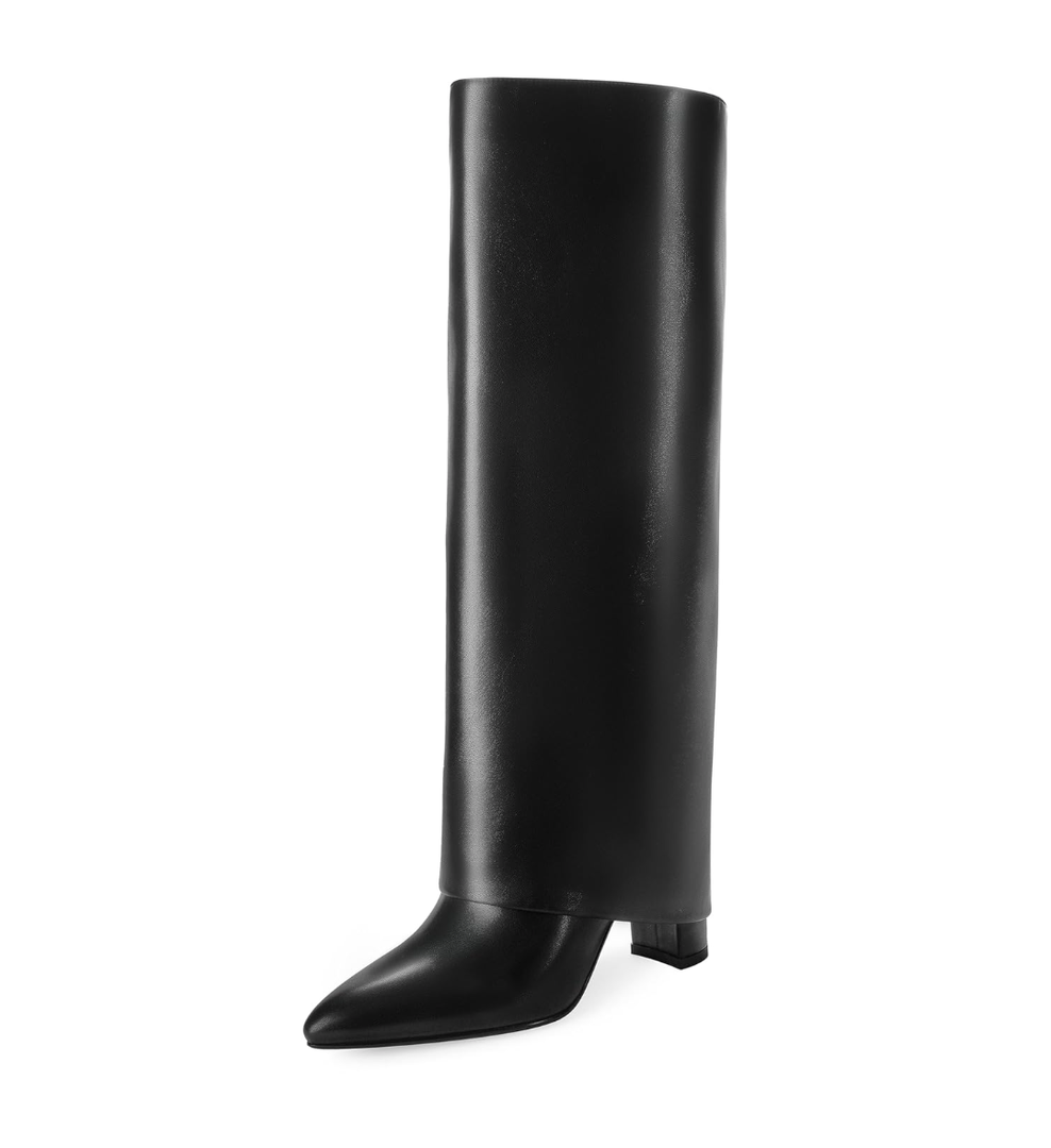 Modatope Knee High Boots Women Fold Over Knee High Boots Chunky High Heels Long Boots Zipper Pointed Toe Dress Tall Boots for Women 8