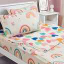 Meeting Story 3-Piece Kids Comforter Set - Twin Zipper Bedding for Girls, Rainbow Comforter with Flower Pattern (Beige)