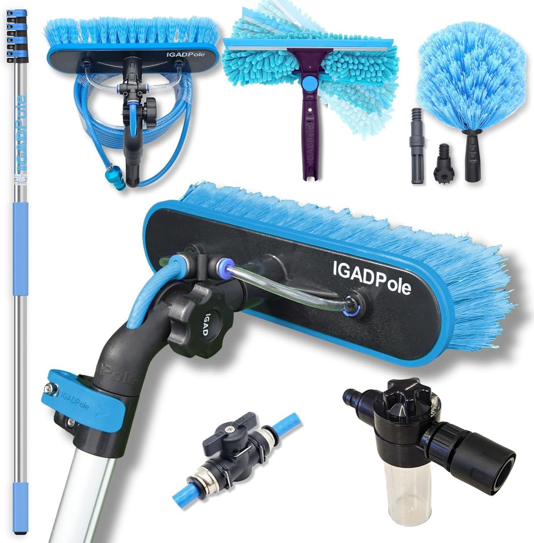 23ft IGADPole Washing Kit: Water-fed Brush, Cobweb Duster and 10 Squeegee and Soap Dispenser, with 4-Stage Telescoping Pole 5-17ft Pole