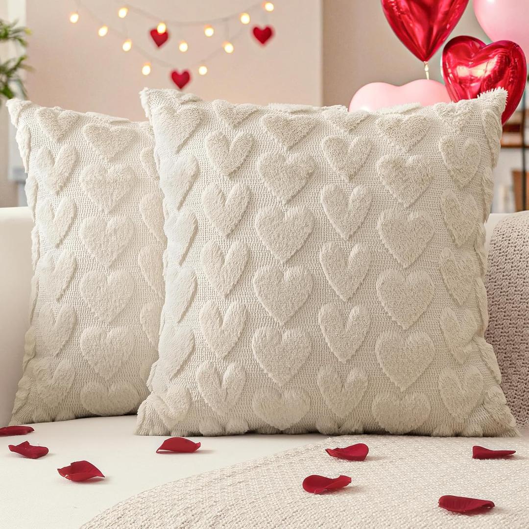OTOSTAR Valentines Throw Pillow Covers Set of 2 Love Heart Cushion Covers for Sofa 16x16 Inch Square Romantic Soft Plush Short Wool Velvet Pillowcase Holiday Festivals Decor Cream Beige