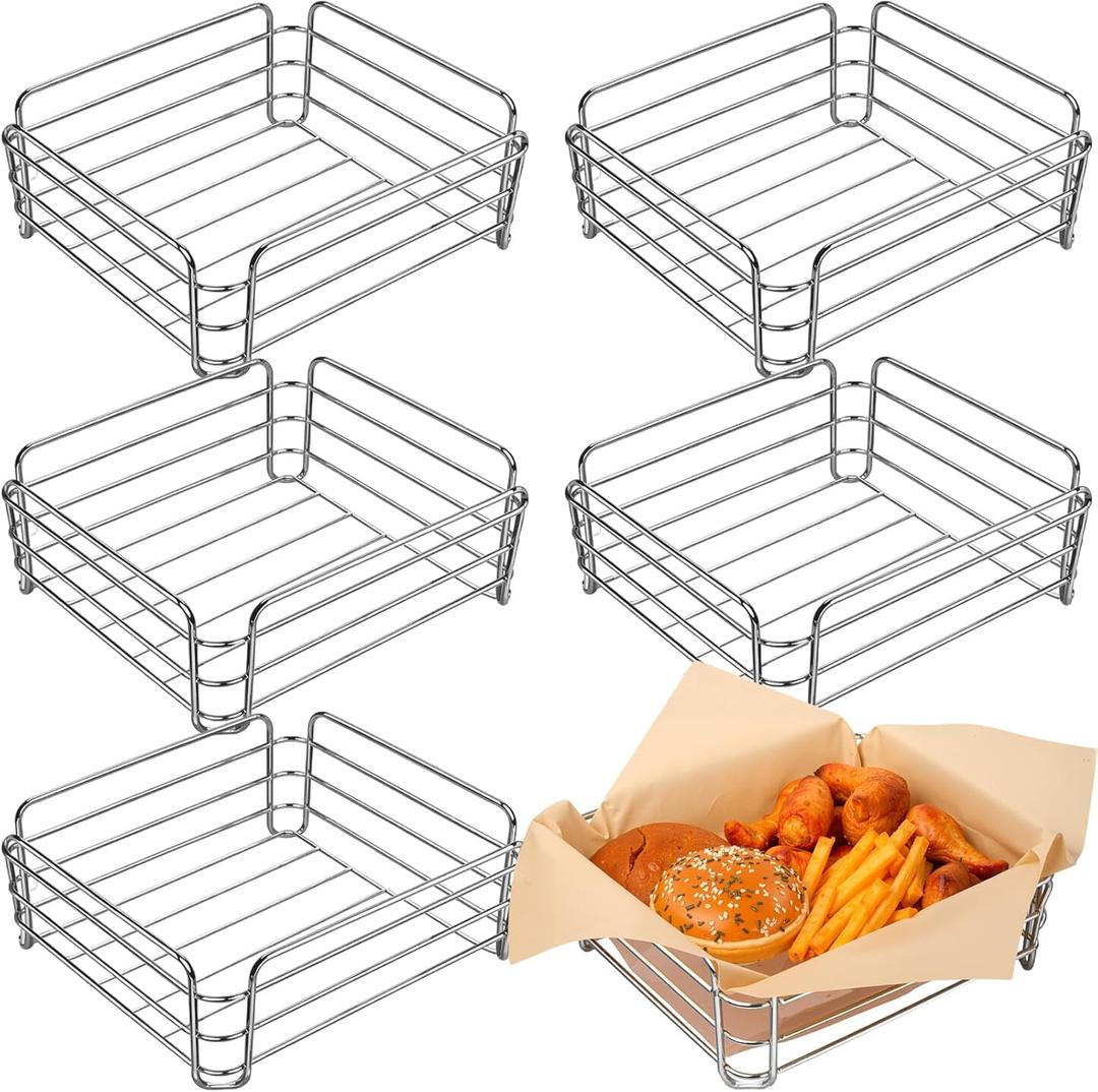 Blulu 6 Pcs Wire Bread Baskets for Serving 9.8 x 8.5 x 3.7 Inch Small Metal Chrome Rounded Square Silver Fast Food Basket Storage for Fruits Bread Burger Serving Organizing