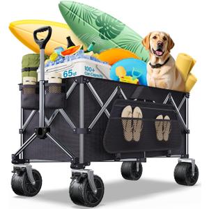 Collapsible Wagon, 440lbs Foldable Wagons Carts with Big Wheels, Heavy Duty Folding Wagon for Beach/Garden/Camping/Grocery-Ink Black