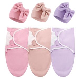 DRESHOW BQUBO 3 Pack Newborn Baby Swaddle Blanket with Hats Infant Adjustable Swaddling Wraps with Bear Ears Cap for 6-12 Lbs Newborns & 0-3 Months Girls Boys (3 Sets: Blankets + Bow Hats (Beige-Pink, Dark Pink, Light Purple)