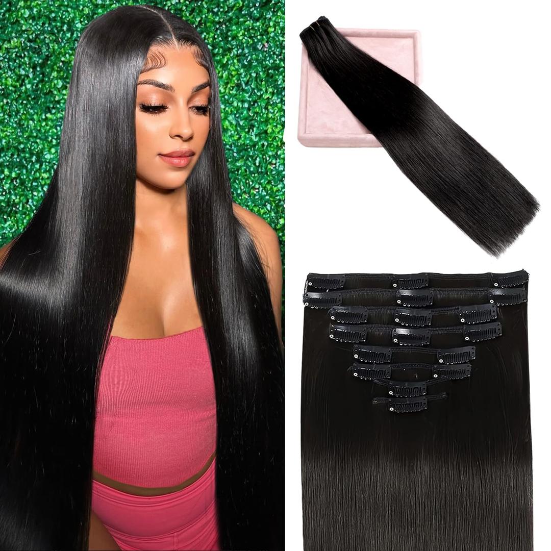 POGINJA Clip in Hair Extensions Real Human Hair, Remy Human Hair Clip in Extensions for Black Women, Invisible Natural Straight Seamless Clip ins Hair Extensions 8pcs Double Weft #1B 14inch 80g