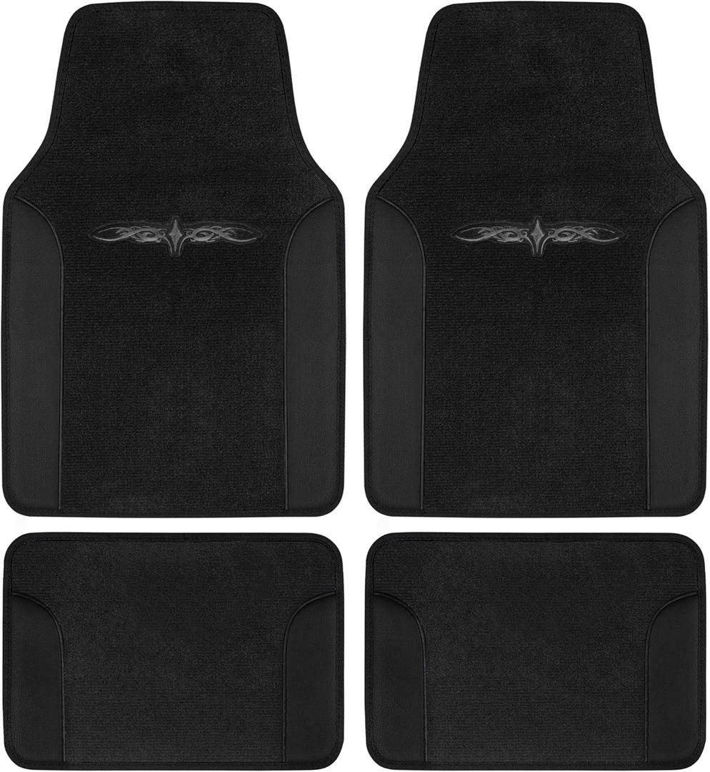 BDK A Set of 4 Universal Fit Plush Carpet with Vinyl Trim Floor Mats For Cars / Trucks - Tribal Black