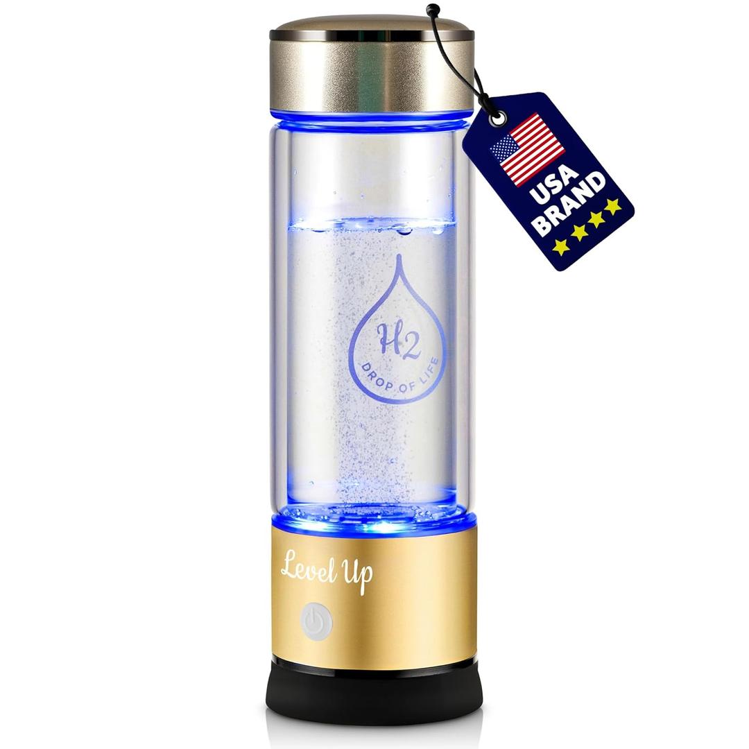 LevelUpWay 2025 Hydrogen Water Bottle Generator  New Technology Glass with SPE PEM Ionic Membrane  High Borosilicate Glass  13 Ounce (Gold)  Premium Hydration Solution