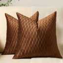 DEZENE Light Brown Throw Pillow Cases: 2 Pack 16x16 Inch Original Stripe Velvet Square Decorative Pillow Covers for Farmhouse Couch