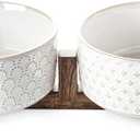 Dog Bowls Ceramic for Small Medium Dogs - 3-Cup Dual Food & Water Bowl Set with Acacia Wood Stand, Non-Slip Anti-Tip Elevated Design (Fireworks+Clover)