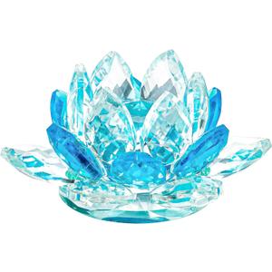 Crystal Lotus Flower Bicolor - Hue Reflection Glass Lotus Flower Feng Shui Home Decor Lucky Charm Crystal Figurine with Gift Box (Blue, 3.3 inches)