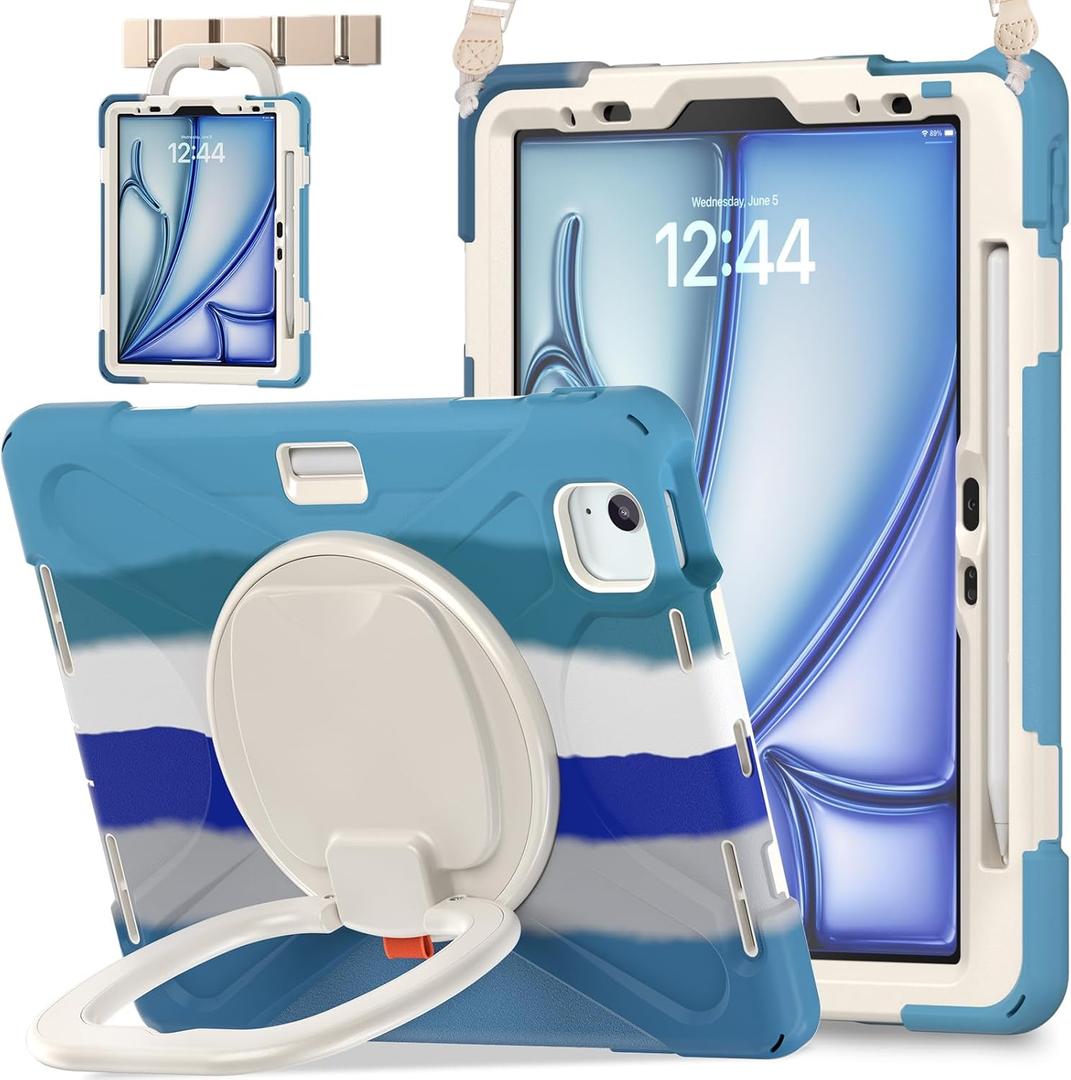 BATYUE Case for iPad Air 11-inch M3 (2025) / M2 (2024), iPad Air 5th/4th 10.9 inch(2022/2020), iPad Pro 11" 4th/3rd/2nd/1st, Kids Cover with 360 Rotating Stand, Pencil Holder, Carrying Strap, Blue