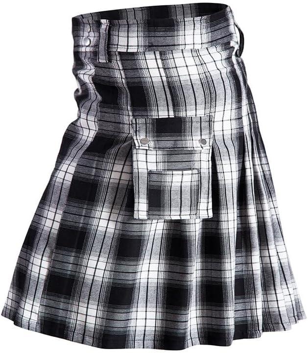 GRAJTCIN Scottish Tartan Kilt for Men Traditional Highland Utility Kilts (Black, XL)