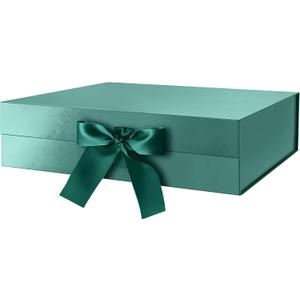 GREEN BEAN Large Gift Box with Lid for Present 13x9.7x3.4 Inches, Green Magnetic Gift Box with Ribbon, Bridesmaid Proposal Box (Glossy Green)