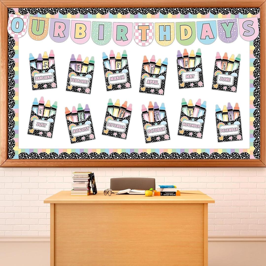 2 x Birthday Bulletin Board Classroom Decorations Crayon Box Cutouts Composition Notebook Crayon Name Tags for Wall Chalkboard Decor Preschool Classroom Decor Teacher Back to School Supplies