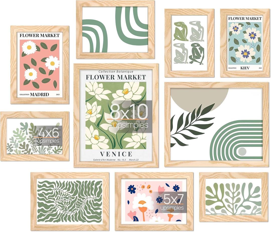 upsimples 10 Pack Picture Frames Collage Wall Decor for Mounting or Tabletop Display, Photo Gallery Frame Set for Family, Multi Sizes Including 8x10, 5x7, 4x6, Natural