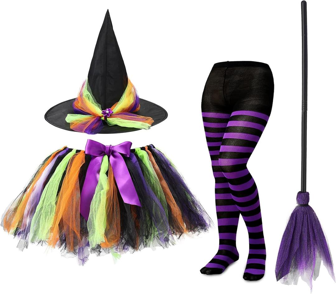 SATINIOR Halloween Witch Costume Set for Girls - Tutu Skirt, Striped Tights, Hat, and Plastic Broom for Cosplay Party Favors Supplies