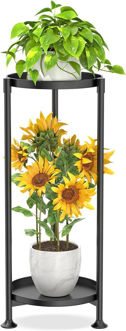 KMOTASUO 2 Tier Plant Stand Indoor for Large Tall Heavy Duty Planter, Multiple Sturdy Metal Flower Corner Rack for Narrow House Floor, Iron Vertical Level Round Orchi Holder Organizer, Black