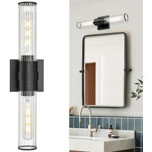 Modern Sconce Wall Lighting, HWH 20'' Black Bathroom Light Fixtures Over Mirror, 2-Light Vanity Light Bar Wall Mounted Vertical and Horizontal, Striped Glass, 5HJF85B BK