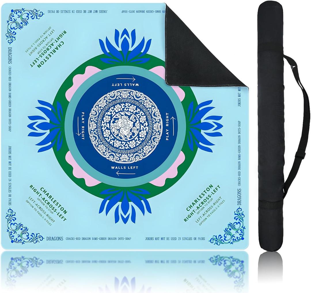 ECVLRTK Blue Mahjong Mat for Table, American Mahjong Mat with Printed Rules, 31.5" x 31.5", Anti-Slip, Noise-Reducing Table Cover for Mahjong, Poker, Board Games, Dominoes, and Card Games.