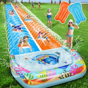 40FT Double Slip and Water Slides for Kids Adults Backyard, Extra Long Lawn Water Slides with 2 Bodyboards, Heavy Duty, Giant Inflatable Water Slip Toys with Crash Pad for Summer Outdoor Party