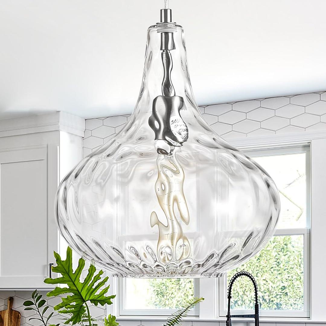 11" Brushed Nickel Hammered Glass Pendant Light, Kitchen Island