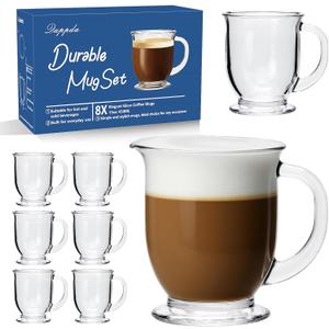 Coffee Mugs Set of 8, Clear Large Coffee Mug 15 OZ With Handles Transparent Tea Cup for Hot/Cold Beverages, Glassware Set for Americano, Latte, Cappuccino
