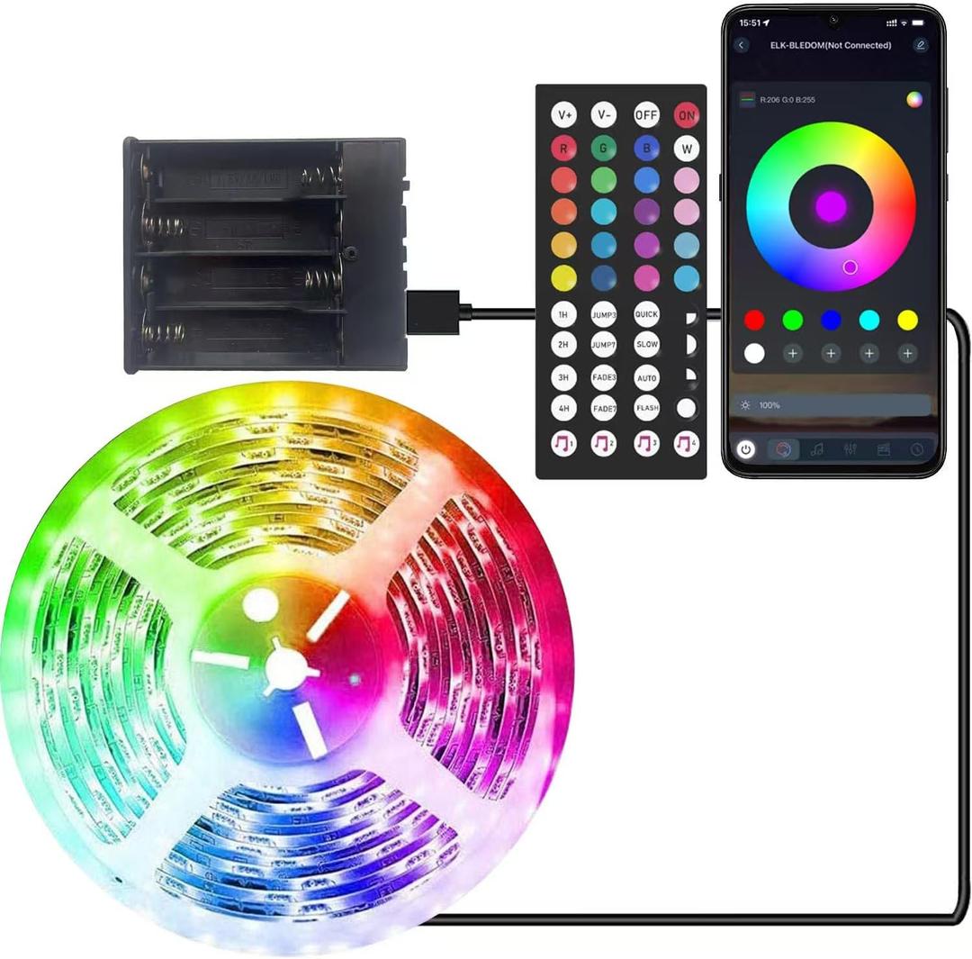 Battery Operated LED Strip Lights 26ft RGB Color Changing, Music Sync, Remote & App Control for Bedroom, Party, TV, Decor (26ft)