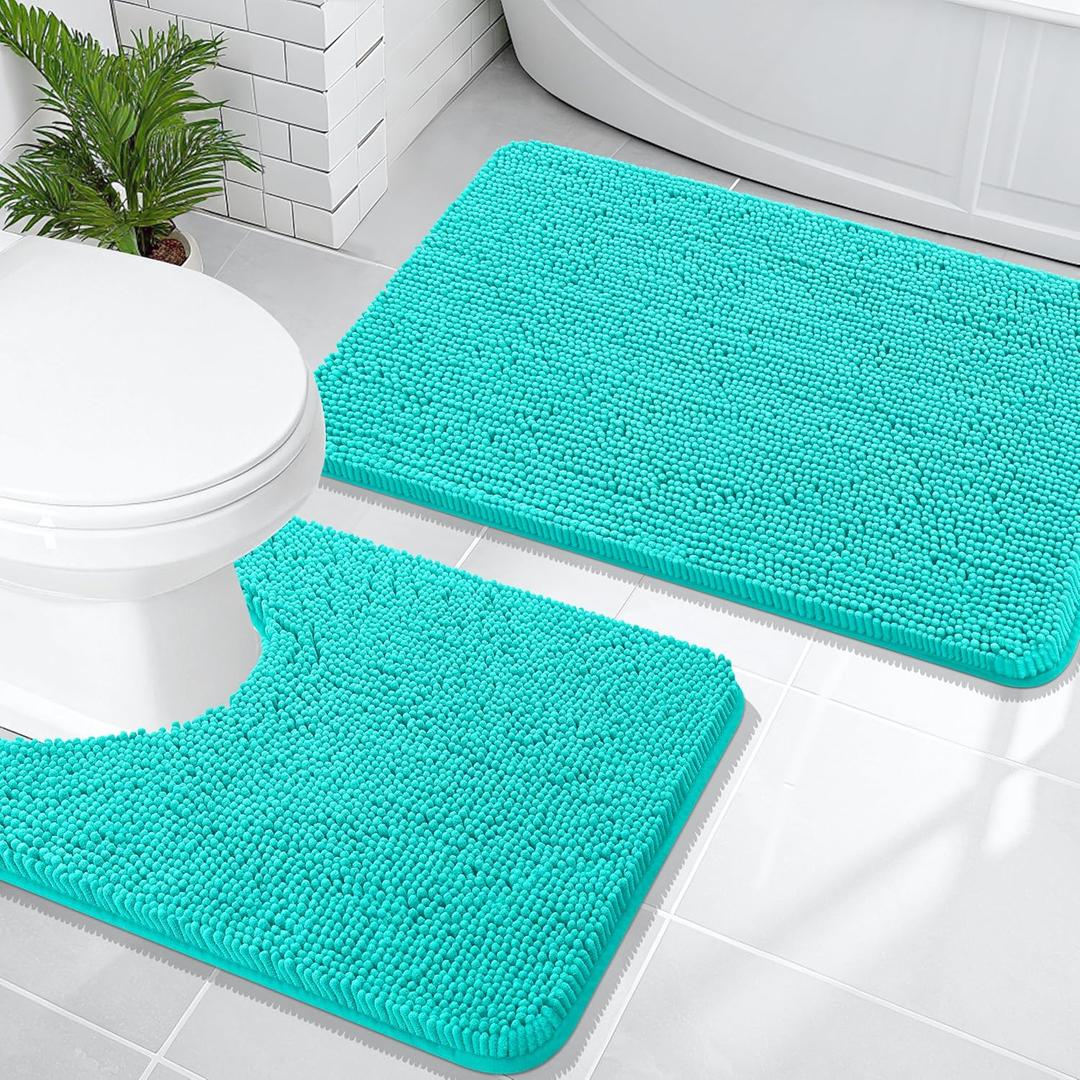 OLANLY Bathroom Rugs Sets 2 Piece, Soft Absorbent Chenille Bath Mats and U-Shaped Contour Toilet Mat Area Rug Set, Machine Washable Bath Carpet, Home Decor Accessories(30"x20"+24"x20", Teal)