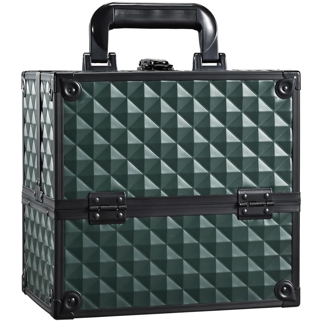 FRENESSA Makeup Case Makeup Box Cosmetic Train Cases Portable Make Up Artist Travel Case Storage Box 4 Trays with Dividers Lockable Hard Makeup Box Craft Nail Kits Case Drak Green (Vintage Dark Green)