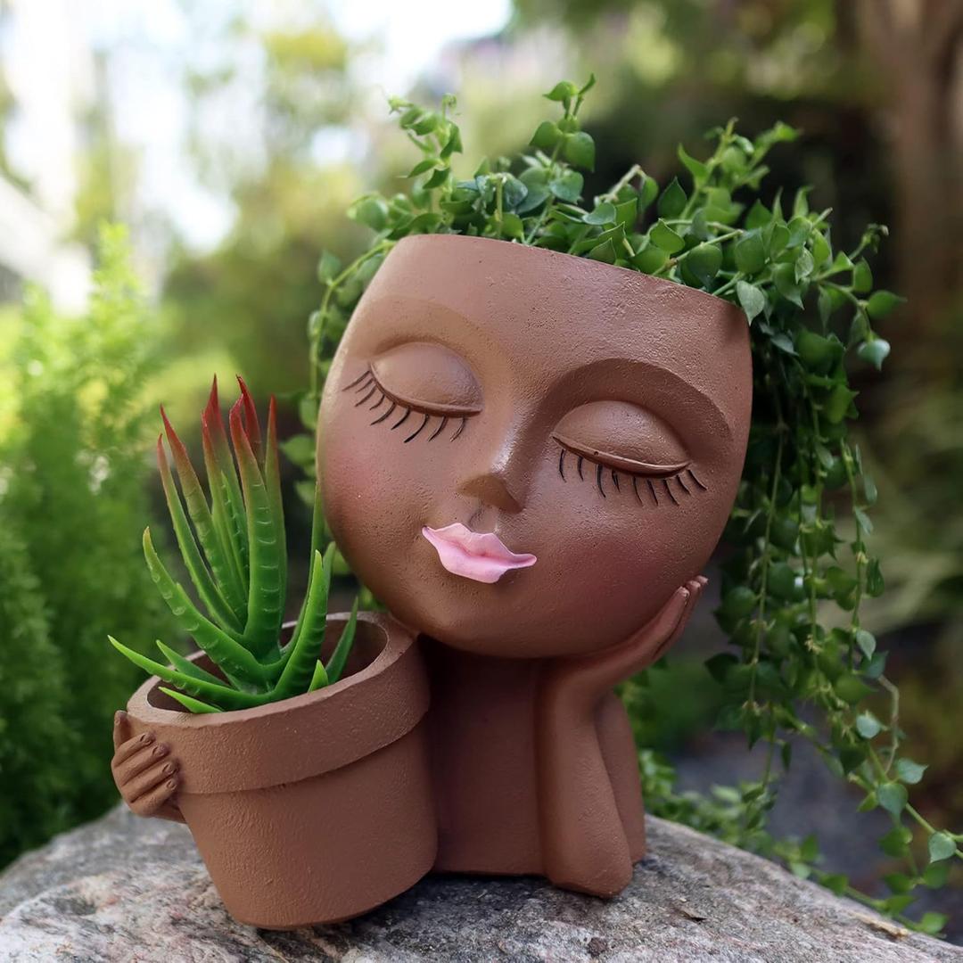 Face Flower Pot Head Planter, Face Planter Black Woman Unique Planters for Indoor Outdoor Plants, Novelty Plant Pots Lady Head Vase with Drainage Hole for Home Garden Succulents Cactus