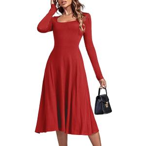 LYANER Women's Square Neck Long Sleeve Empire Waist A Line Flare Solid Midi Dress, S