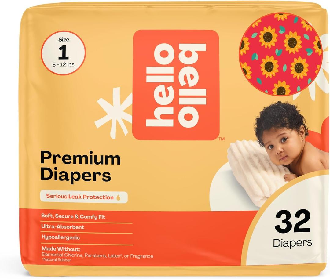 Hello Bello Diapers, Size 1 (8-12 lbs) Flower Child, 32 Count of Premium Disposable Baby Diapers, Hypoallergenic with Soft, Cloth-Like Feel
